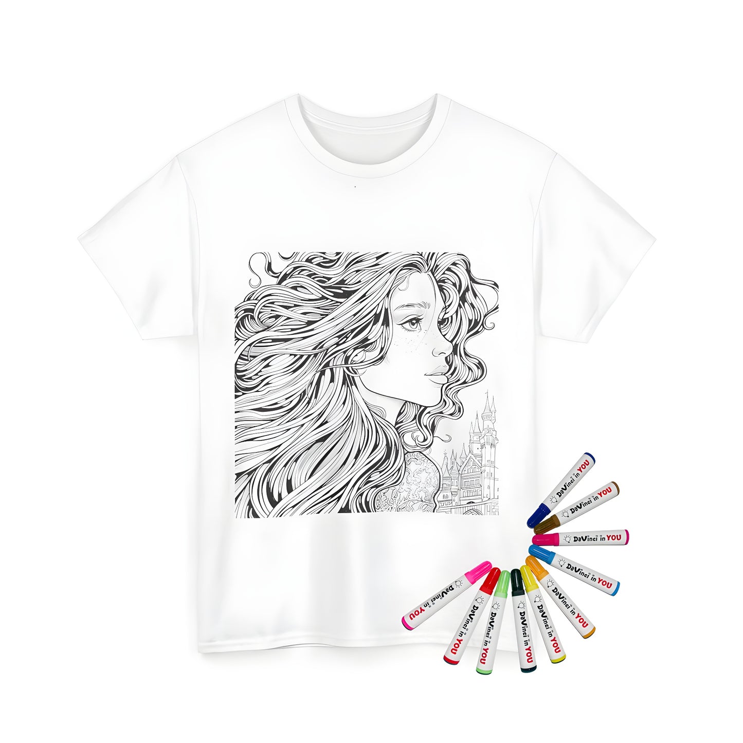 Girl's or Boy's Unisex t-shirt with princess coloring page design and fabric markers