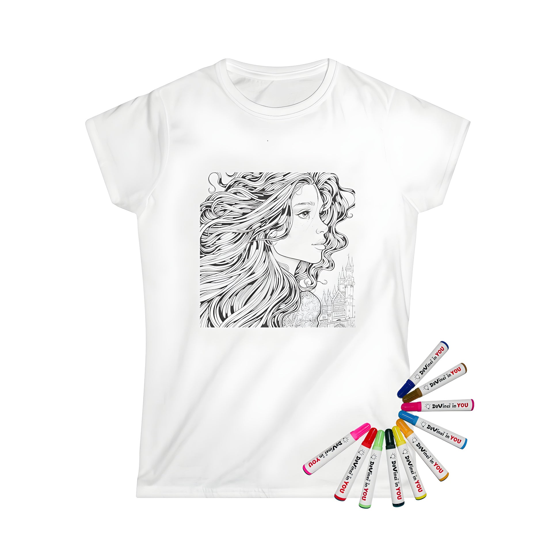 Women's t-shirt design featuring a detailed princess illustration with flowing hair and a castle backdrop