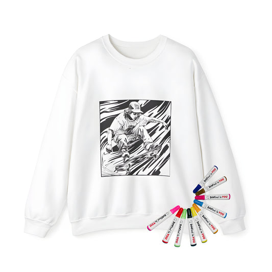 Adult sweatshirt with detailed skateboarding-themed coloring page design and vibrant fabric markers