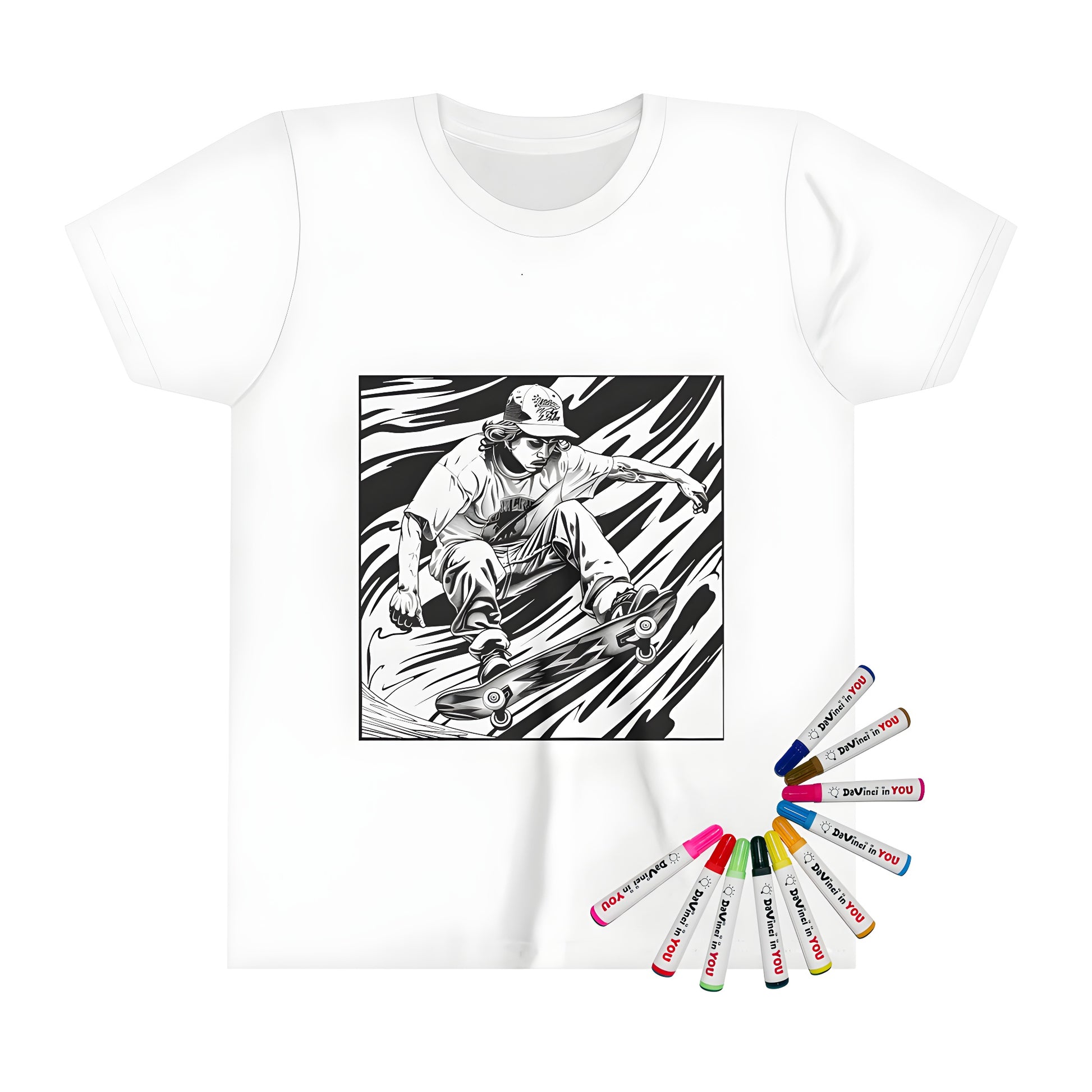 Kid's T-shirt featuring an awesome skateboarding theme, perfect for young thrill-seekers