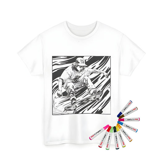 Coloring kit with unisex t-shirt featuring an action-packed black-and-white illustration of a skateboarder performing a trick