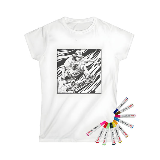 Women's t-shirt coloring kit with 10 fabric markers featuring a detailed black-and-white illustration of a skater in action performing tricks on a skateboard, surfboard, and scooter. Women's graphic tee with an urban streetwear design, perfect for skating enthusiasts, boarders, and fans of extreme sports.