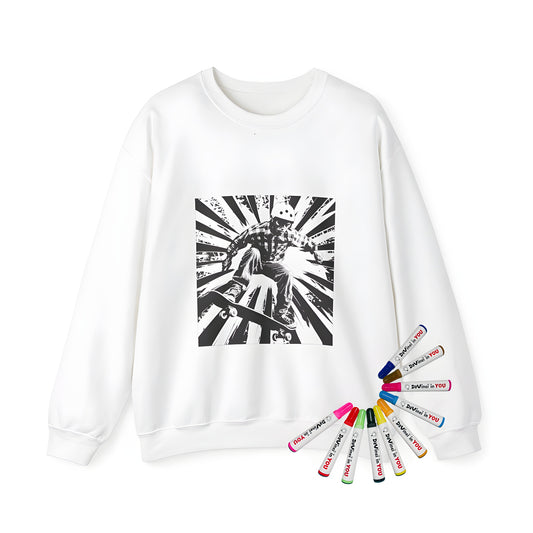 Adult sweatshirt with skateboarder design, mid-air stunt, black and white artwork, dynamic explosion background, fun gift for skate enthusiasts, perfect apparel for boarders