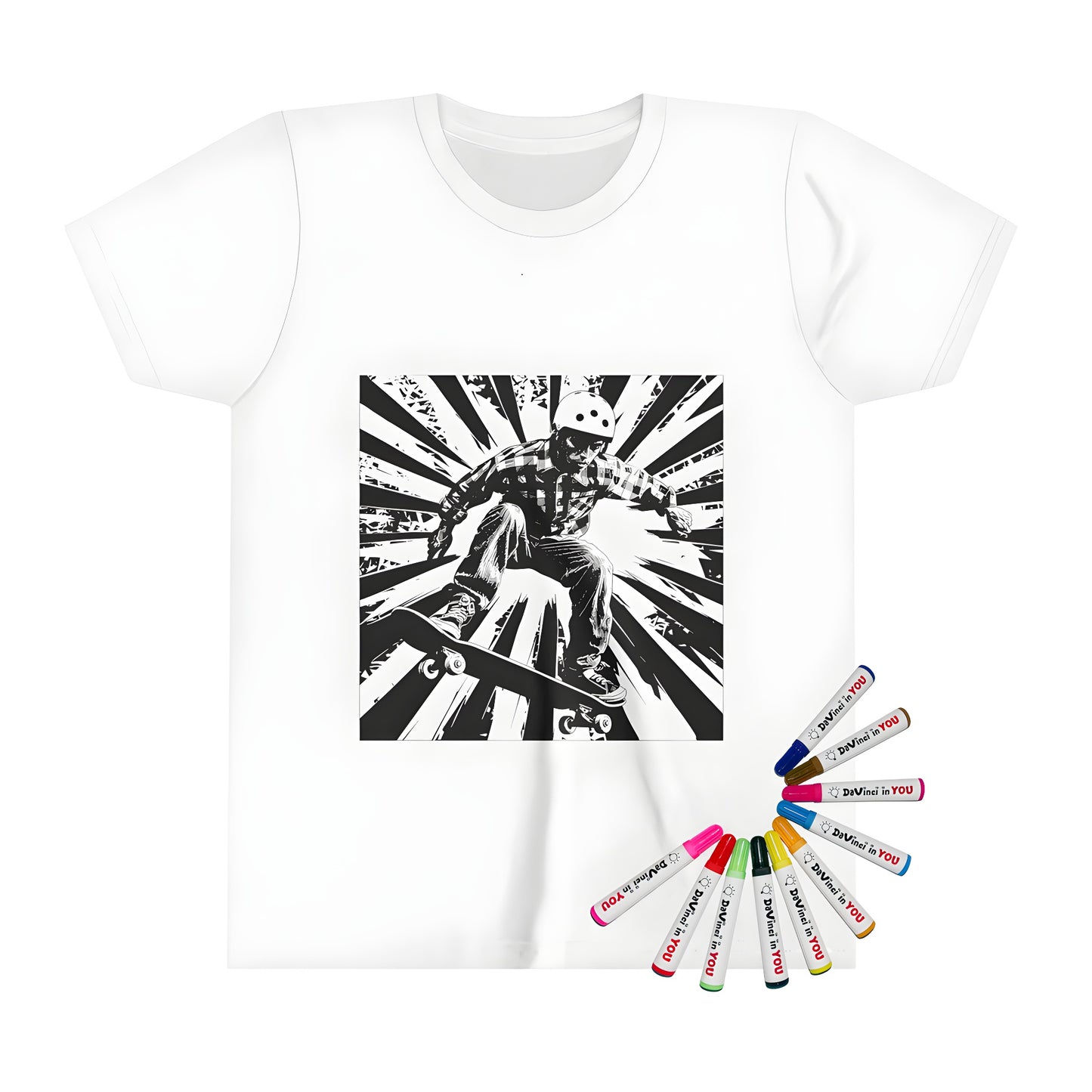 Kid's t-shirt with skateboarder design, featuring a dynamic black and white artwork of a skateboarder in mid-air, wearing a helmet and flannel shirt