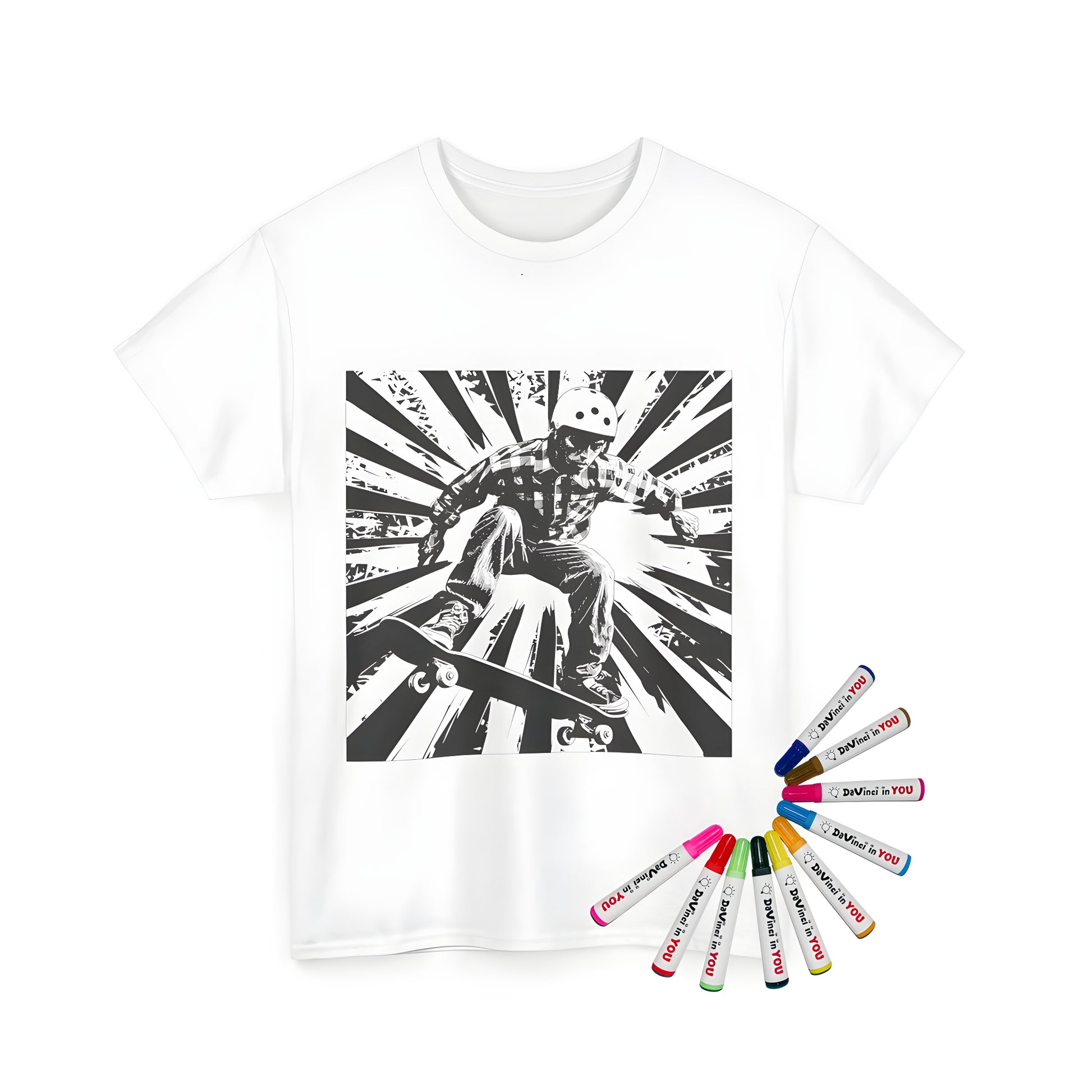 Coloring kit for skate culture enthusiasts featuring a dynamic skateboarder design on a unisex t-shirt