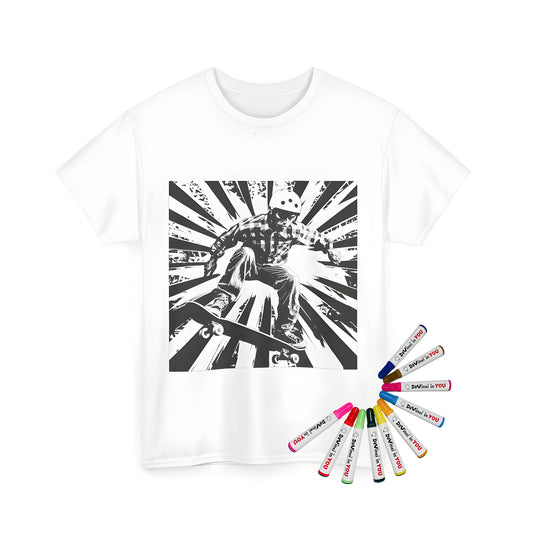 Coloring kit for skate culture enthusiasts featuring a dynamic skateboarder design on a unisex t-shirt