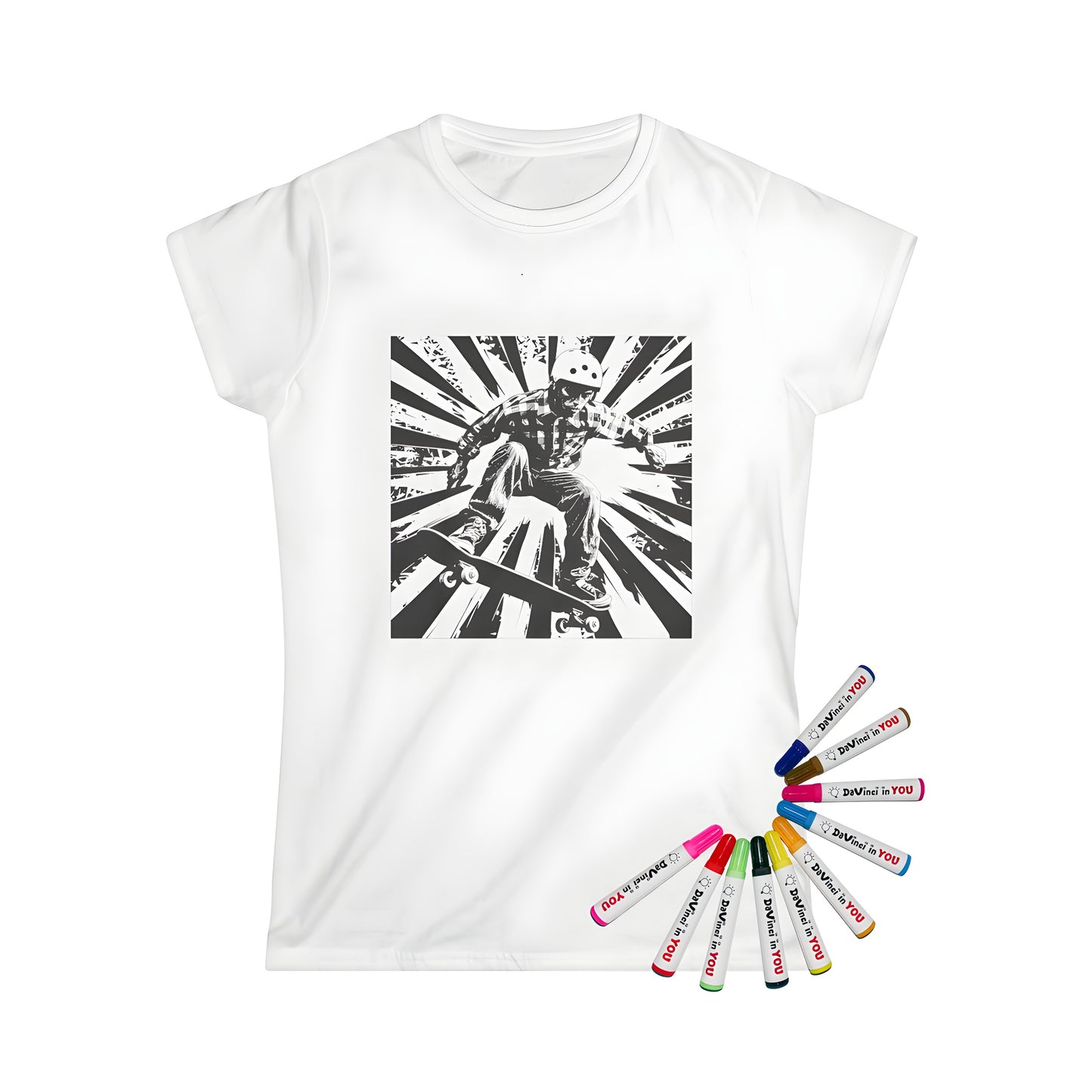 Women's skate-themed t-shirt with a fun coloring kit and fabric markers for a creative and unique gift