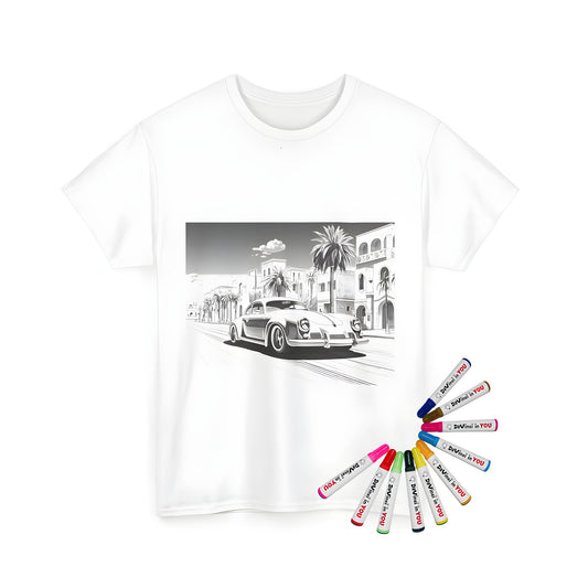 A unisex t-shirt featuring a vintage car illustration driving down a street with palm trees and buildings in the background