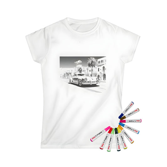 Women's T-shirt with vintage car design, coloring kit included, 10 fabric markers