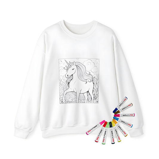 Adult sweatshirt with colorful unicorn illustration, featuring a fantasy creature design with flowers and clouds