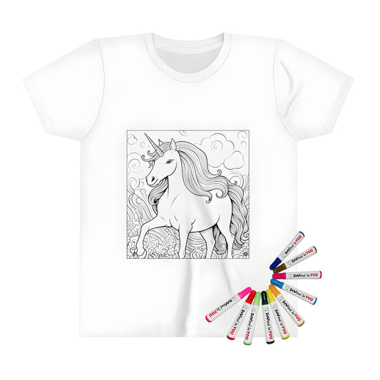 Colorful kids t-shirt featuring an enchanting fantasy unicorn illustration, perfect for a fun coloring page