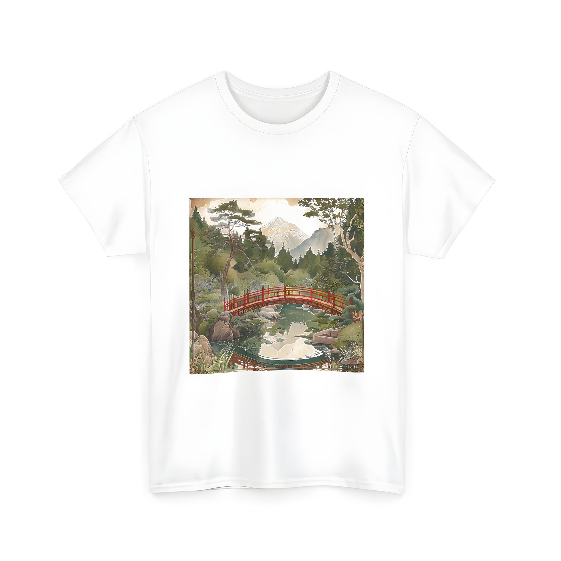 Peaceful landscape t-shirt featuring a colorful red bridge above calm water, trees and snow-capped mountains