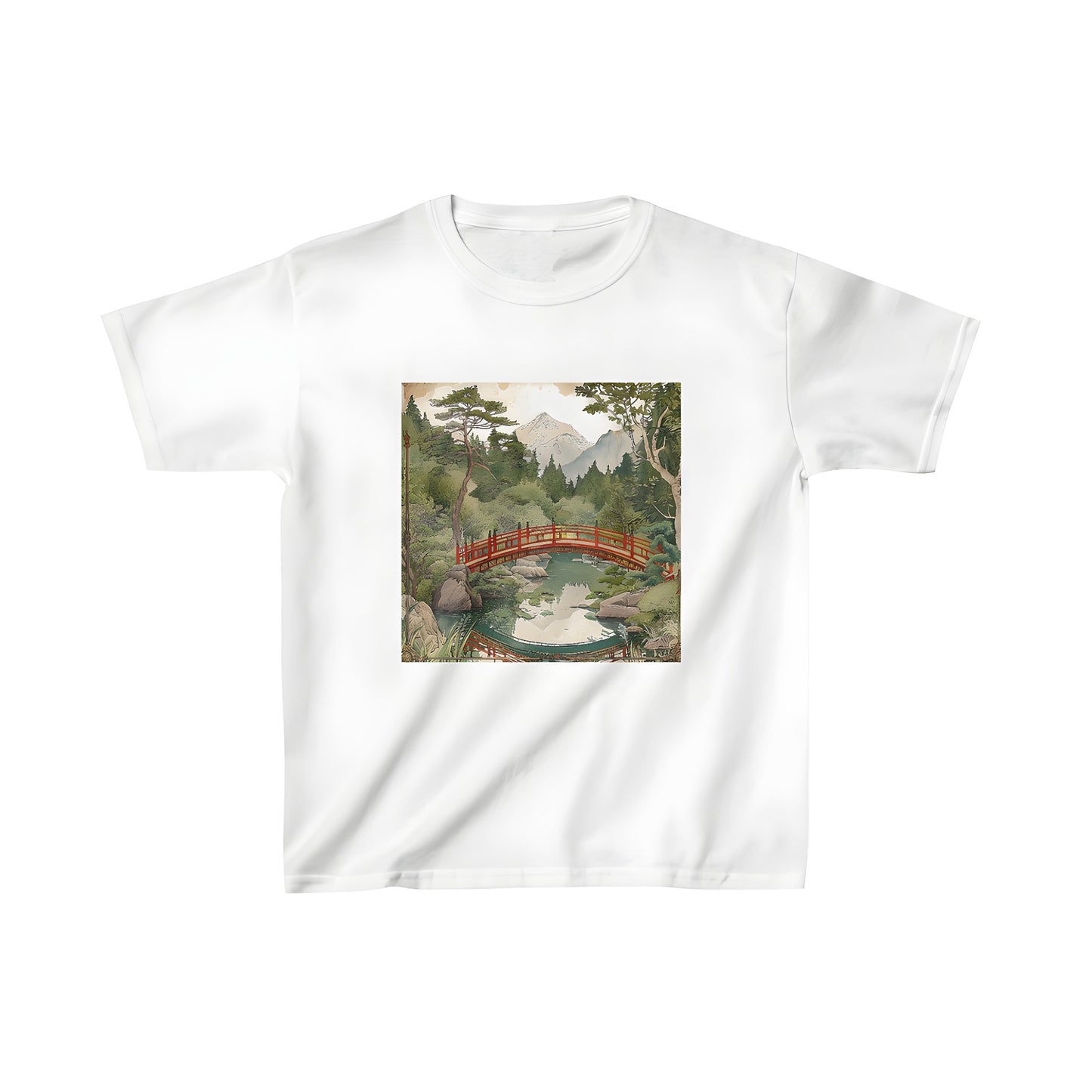 Colorful kids t-shirt featuring a peaceful landscape with a red bridge above calm water and snow-capped mountains in the background.