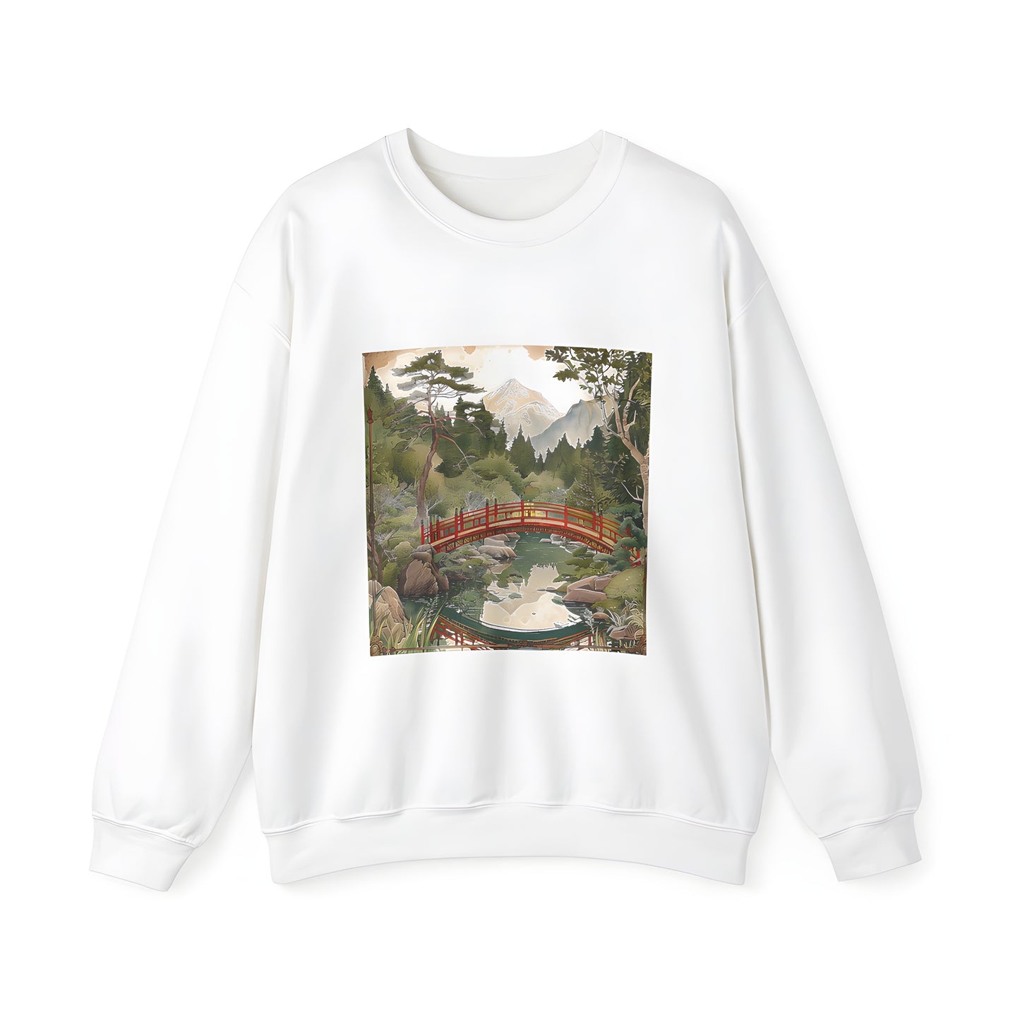 Adult Sweatshirt with Peaceful Landscape Design featuring a red bridge over calm water and snow-capped mountains