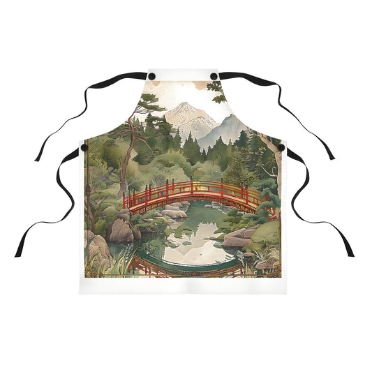 Apron with Mountain Bridge design featuring a red bridge over calm water and snow-capped mountains