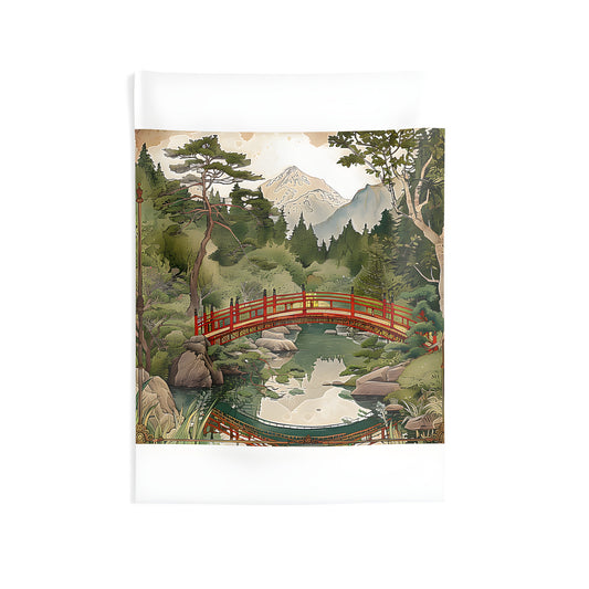 Colorful Indoor Wall Hanging - Peaceful Landscape with Red Bridge, Trees, and Snowy Mountains