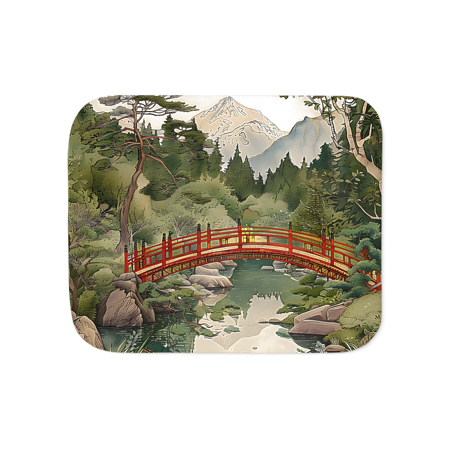 Cozy blanket featuring a serene red bridge landscape design with calm waters, trees, and snow-capped mountains