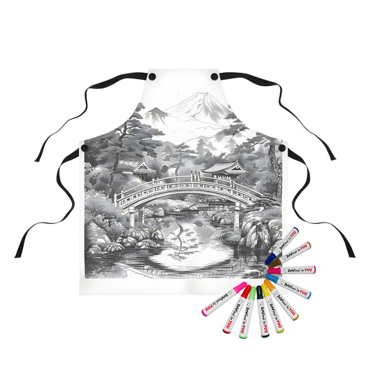 Apron featuring a black-and-white Japanese garden scene with bridge, mountain, tree, and pond design