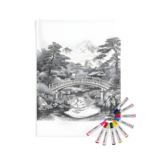 Indoor wall tapestries featuring a Japanese garden with bridge, mountain scenery, and colorful trees on a fabric background.