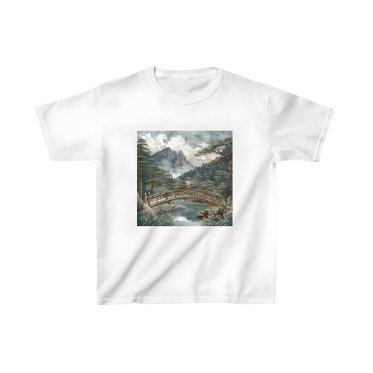 Kid's tee featuring a peaceful mountain landscape with wooden bridge over river, traditional house and forest against misty peaks