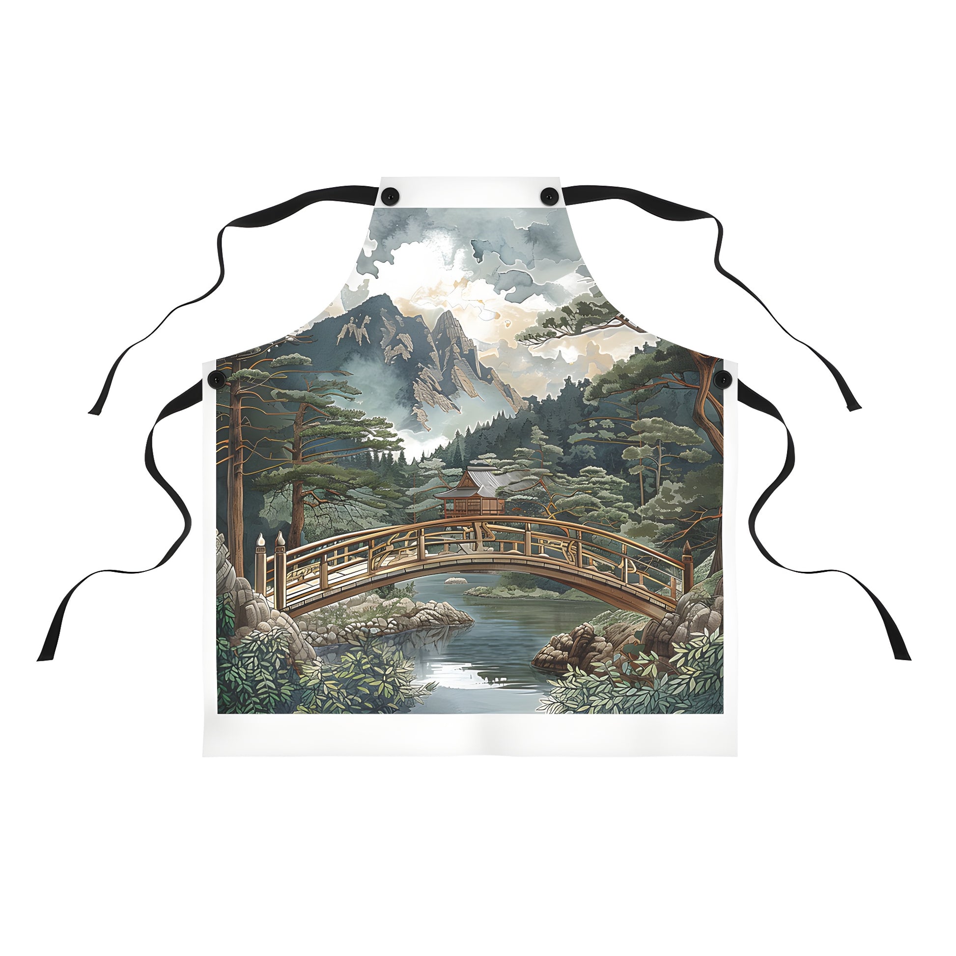 Colorful apron with mountain landscape design featuring serene natural scenery