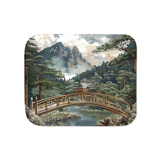 Colorful mountain landscape blanket with wooden bridge over river, traditional house and forest