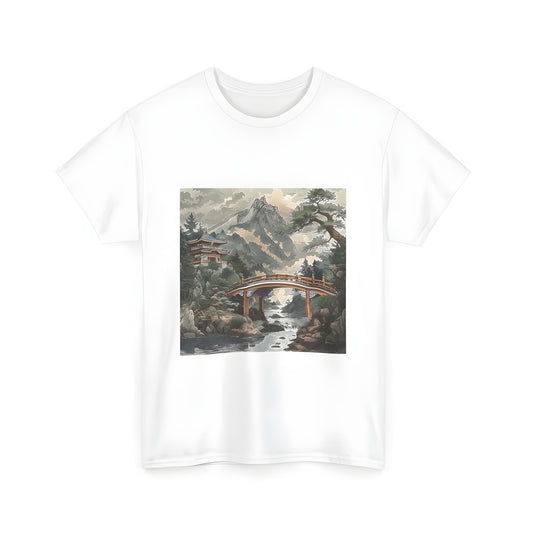 Colorful mountain landscape t-shirt with a wooden bridge over a river and pagoda in the background