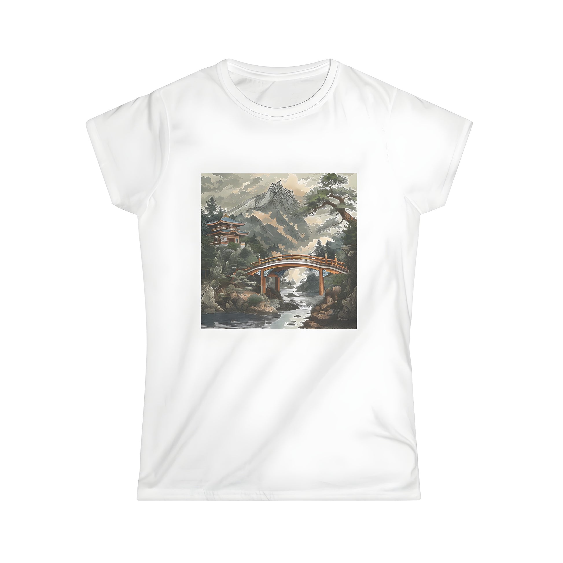 Women's t-shirt with mountain bridge design, river, and pagoda