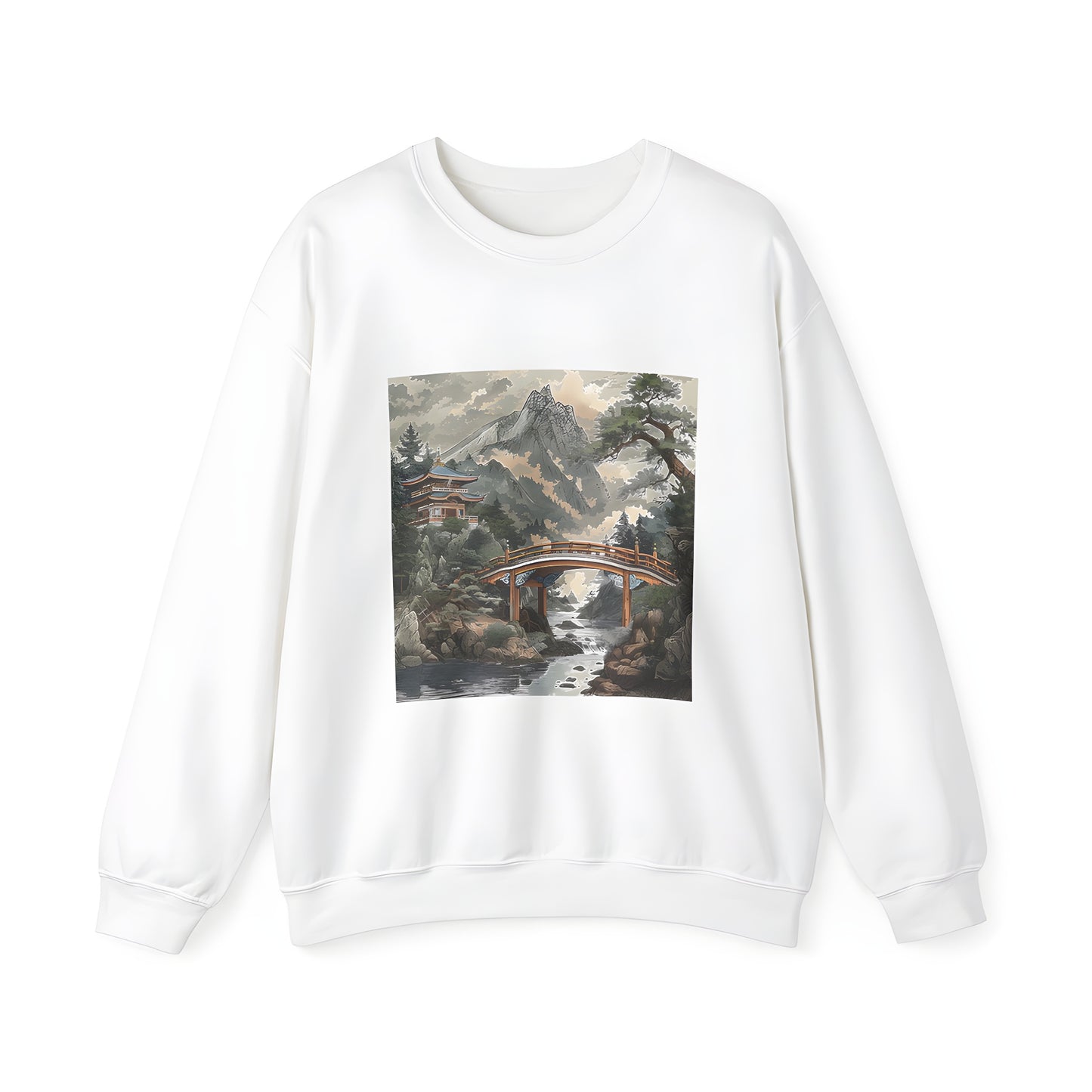 Cozy adult sweatshirt featuring a vibrant mountain bridge landscape print