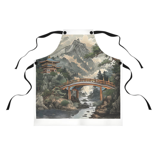 Colorful apron featuring a scenic mountain bridge design