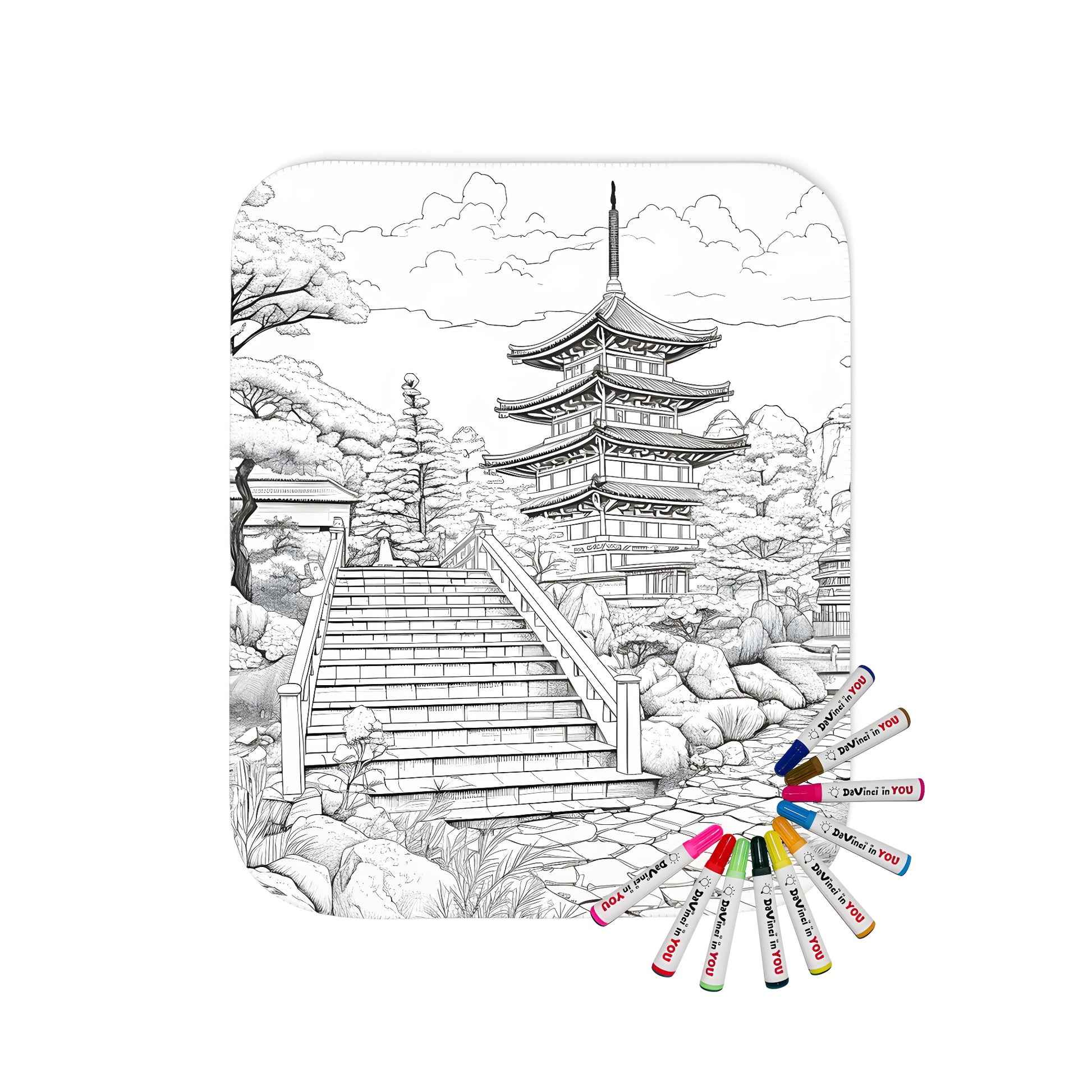 Cozy blanket with intricate black-and-white pagoda temple design, stairs, trees, and serene garden pathway print, perfect for relaxation