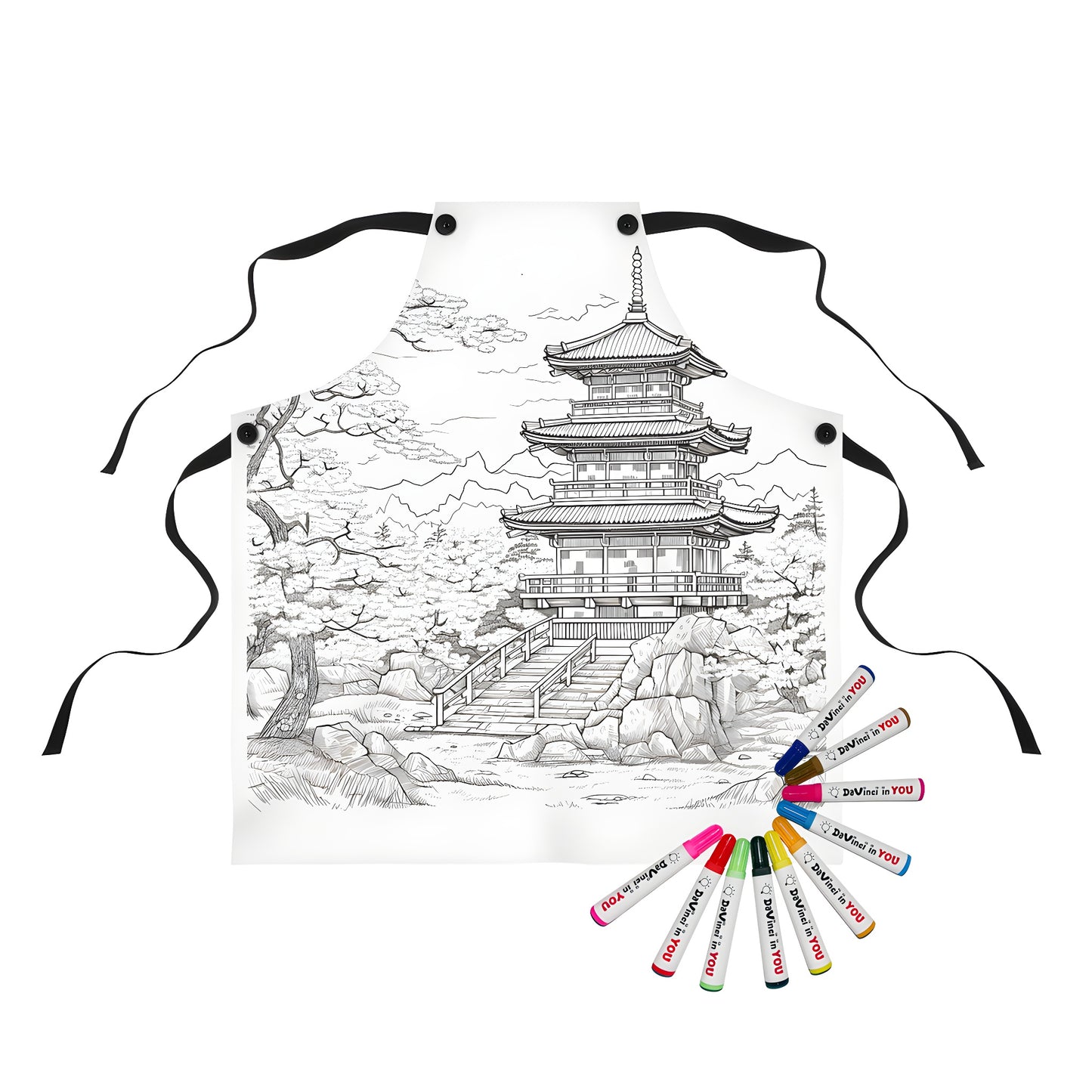 Apron featuring colorful line drawing of traditional pagoda amidst trees and mountains