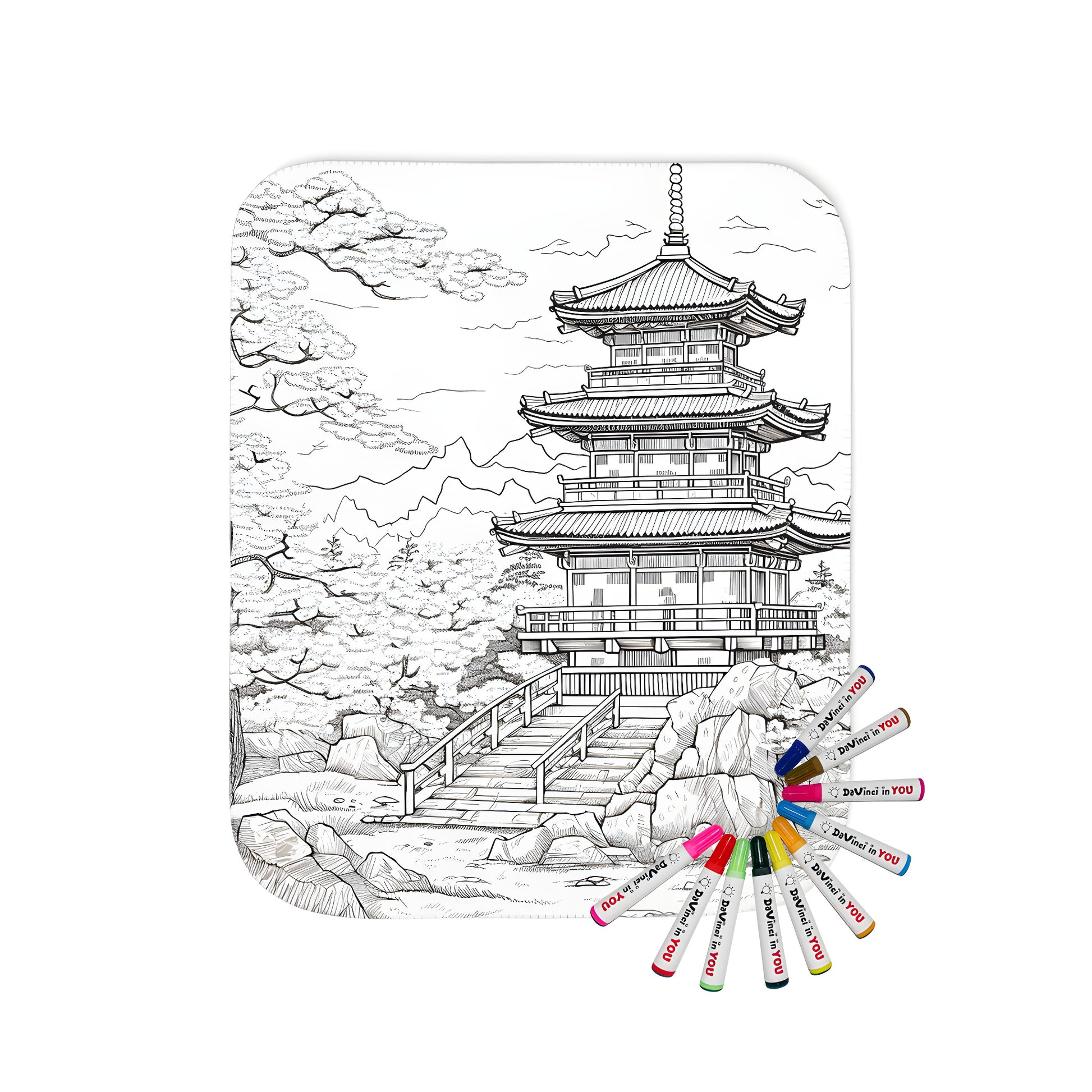 Cozy blanket with a traditional pagoda design amidst trees and mountains, perfect for adult coloring