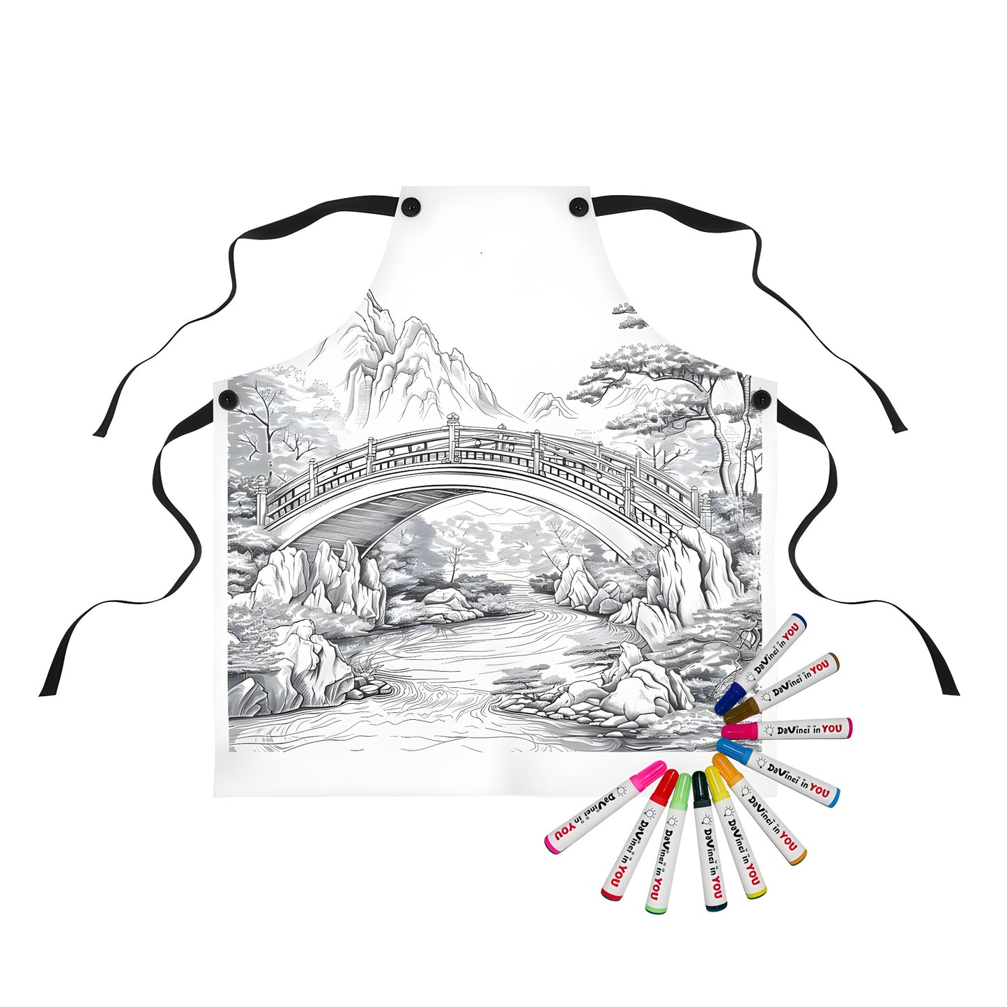 Apron featuring a detailed illustration of a scenic mountainous landscape with a bridge spanning a river and trees.