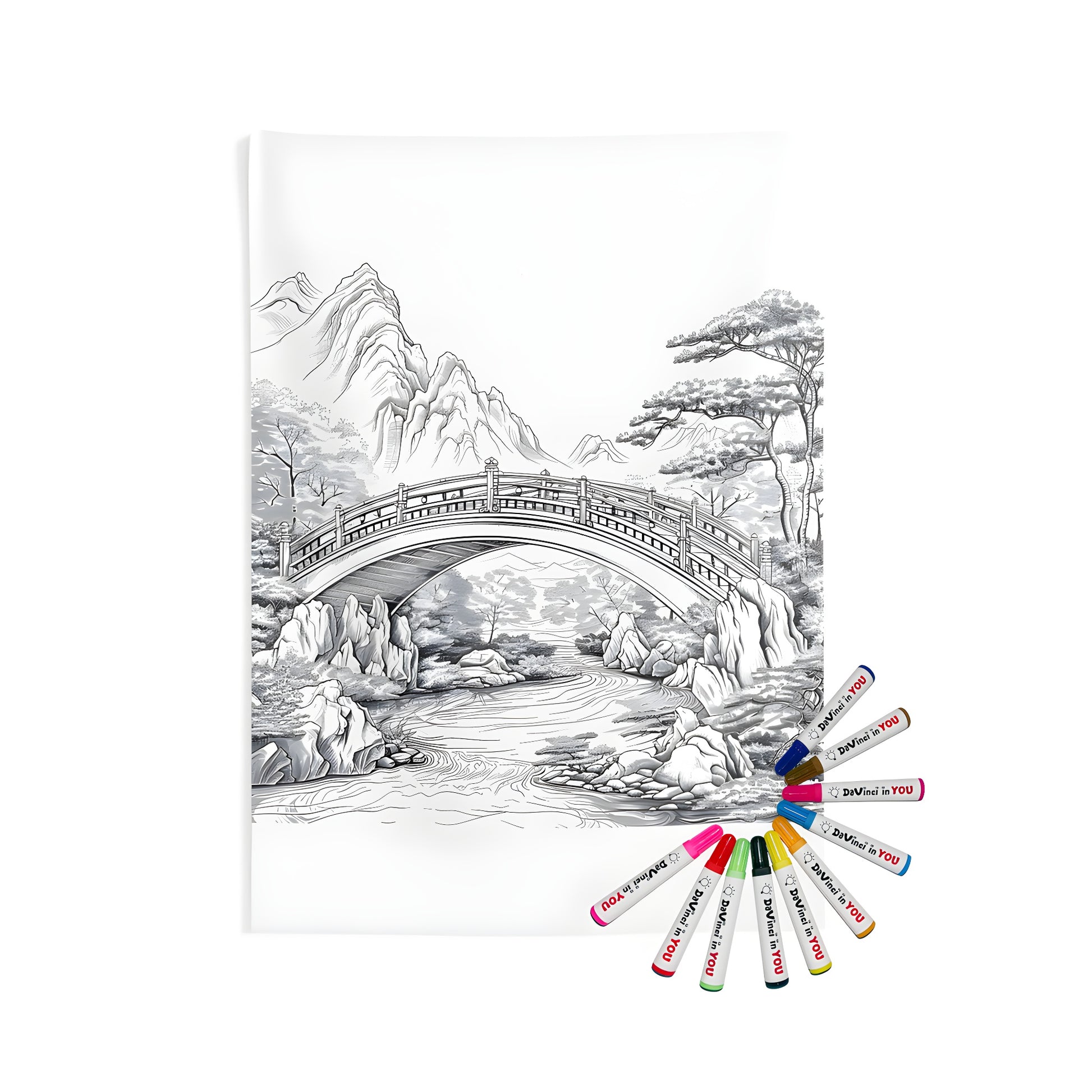 Indoor wall tapestry featuring a detailed black and white illustration of a serene mountain scenery with a bridge crossing over a river and lush trees