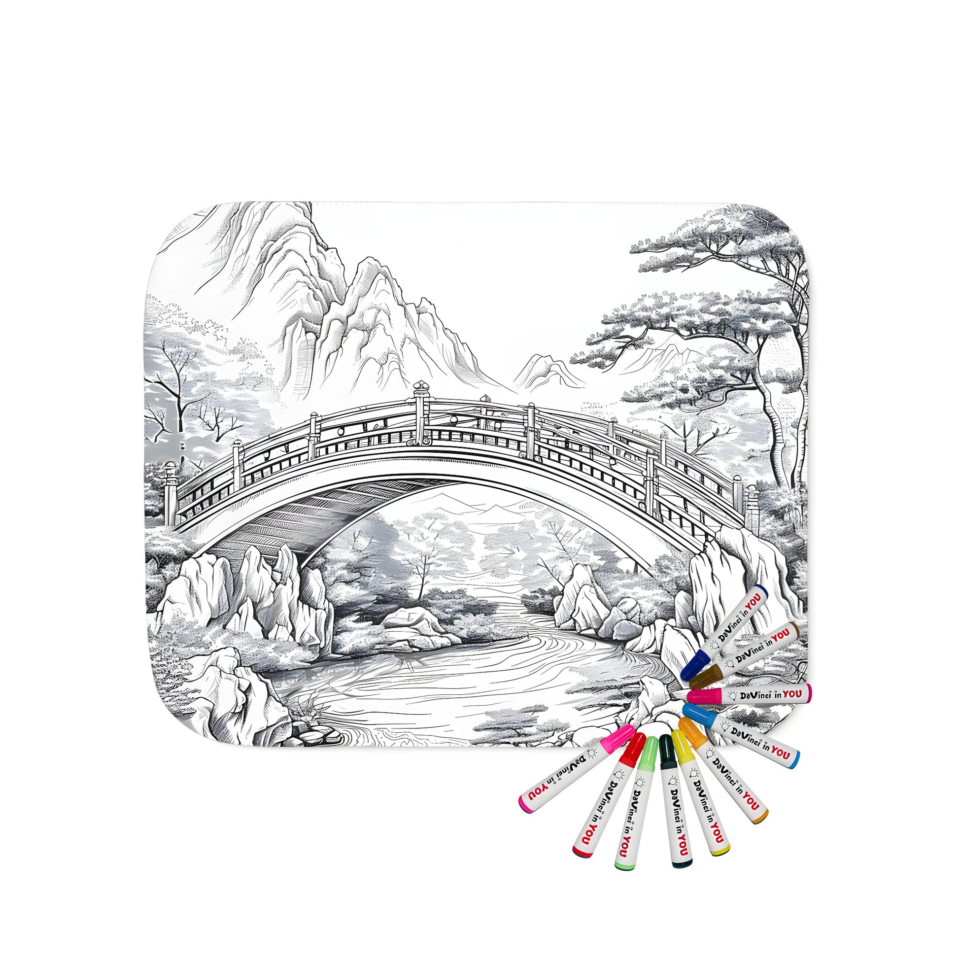 Scenic blanket with a detailed illustration of a serene mountain landscape, featuring a tranquil river, trees, and a bridge for a calming home decor.