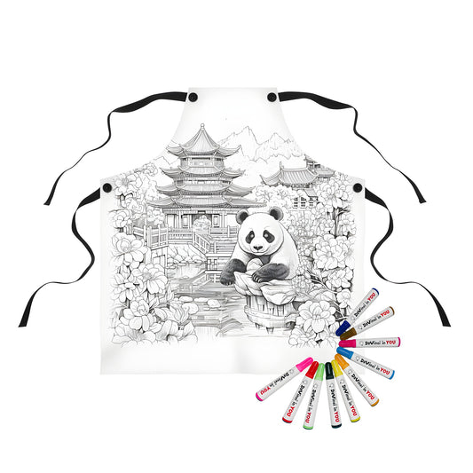 Illustration of a panda sitting near a pond with traditional Chinese pagodas, flowers, and mountainous background on an apron. Black and white design.