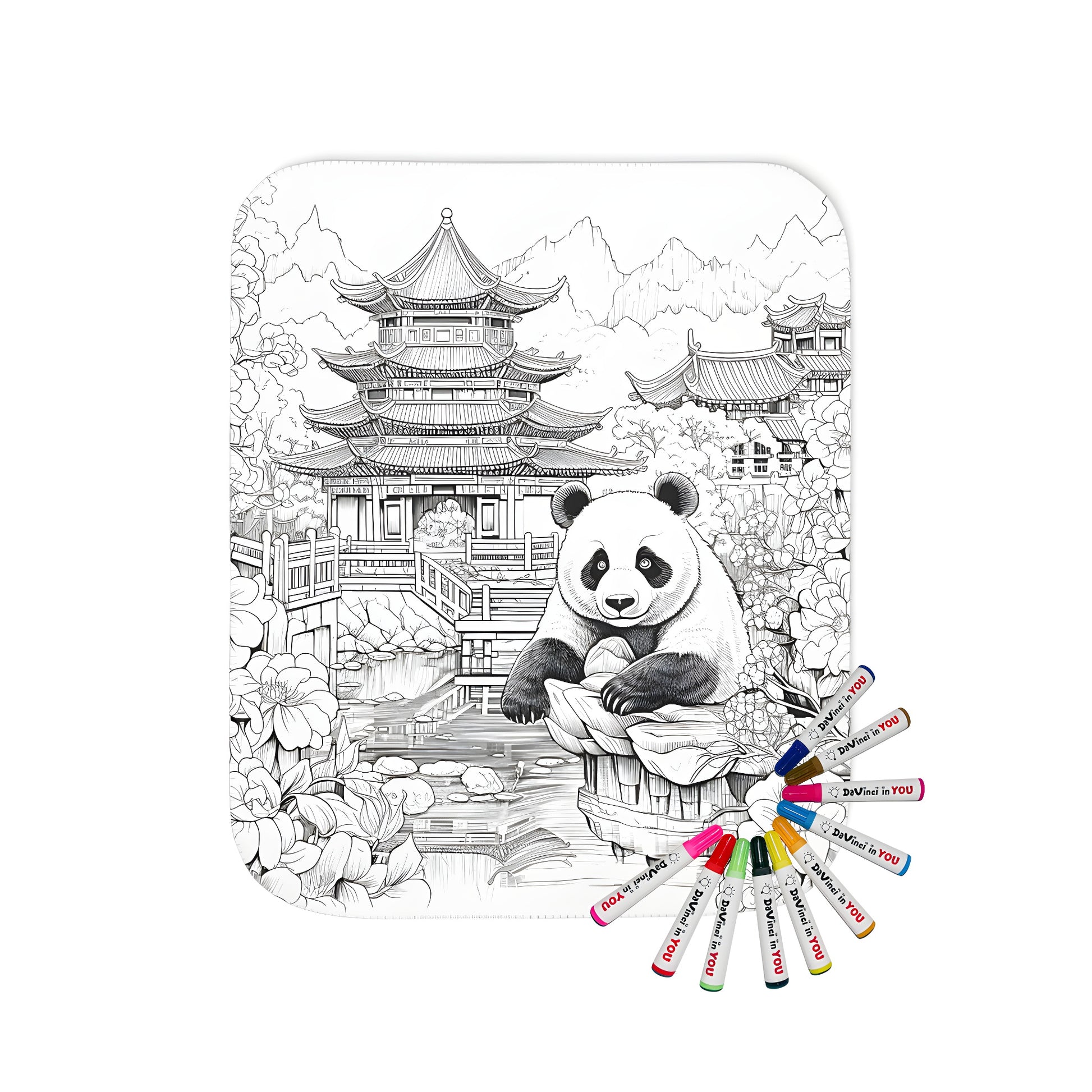 Cozy blanket with colorful panda illustration featuring traditional Chinese architecture designs