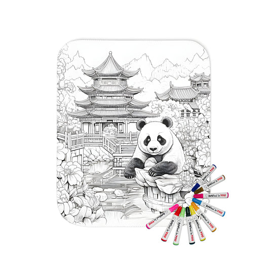 Cozy blanket with colorful panda illustration featuring traditional Chinese architecture designs