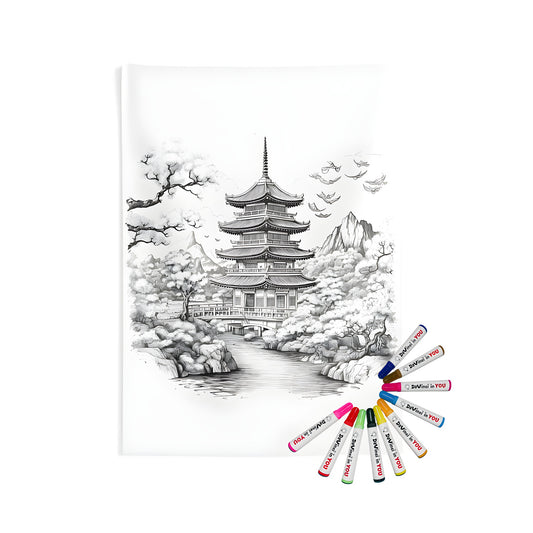 Indoor wall tapestry with pagoda temple illustration, featuring a detailed black and white drawing of an Asian-style temple by a river, surrounded by lush green trees and majestic mountains. Includes fabric markers for coloring.