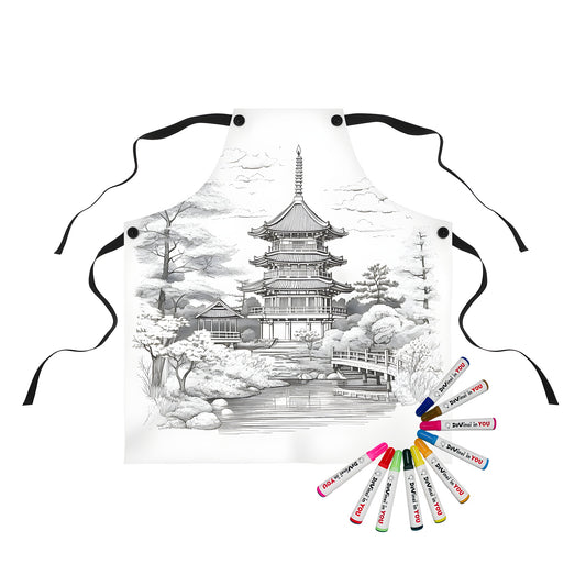 Apron with traditional Japanese pagoda design, temple gate, or torii gate inspired by Asian culture and tranquil garden scenery.