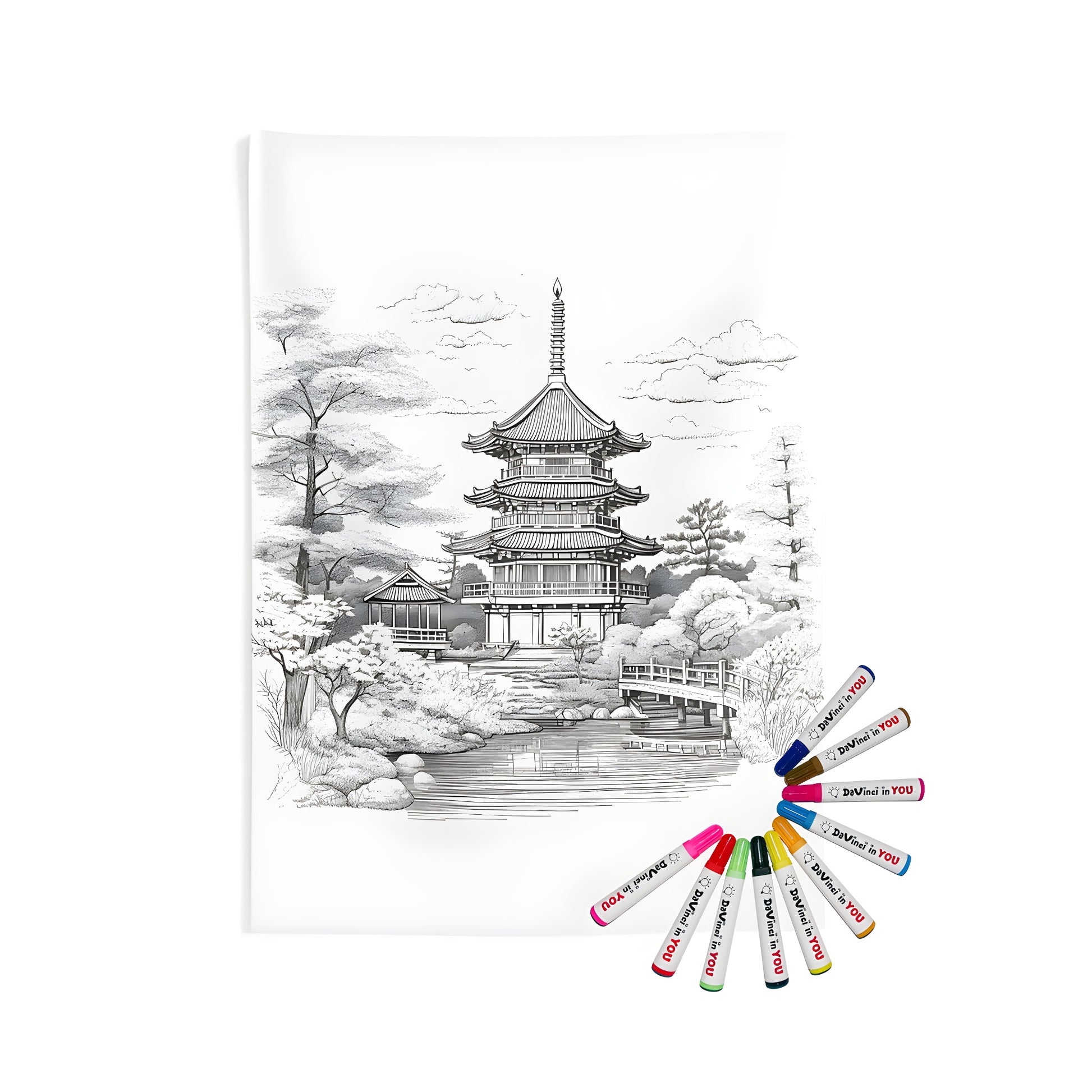 Traditional Japanese pagoda wall hanging with tranquil garden scene - indoor decor