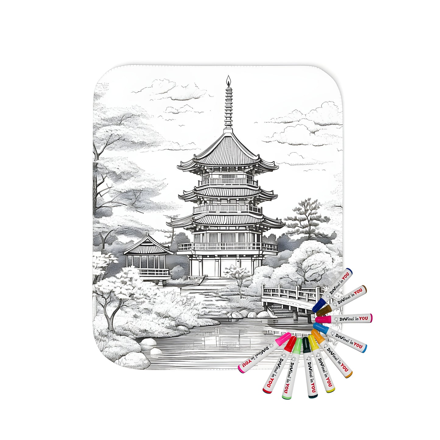 Blanket with Japanese temple pagoda design, intricate drawing of tranquil garden with trees, pond and bridge