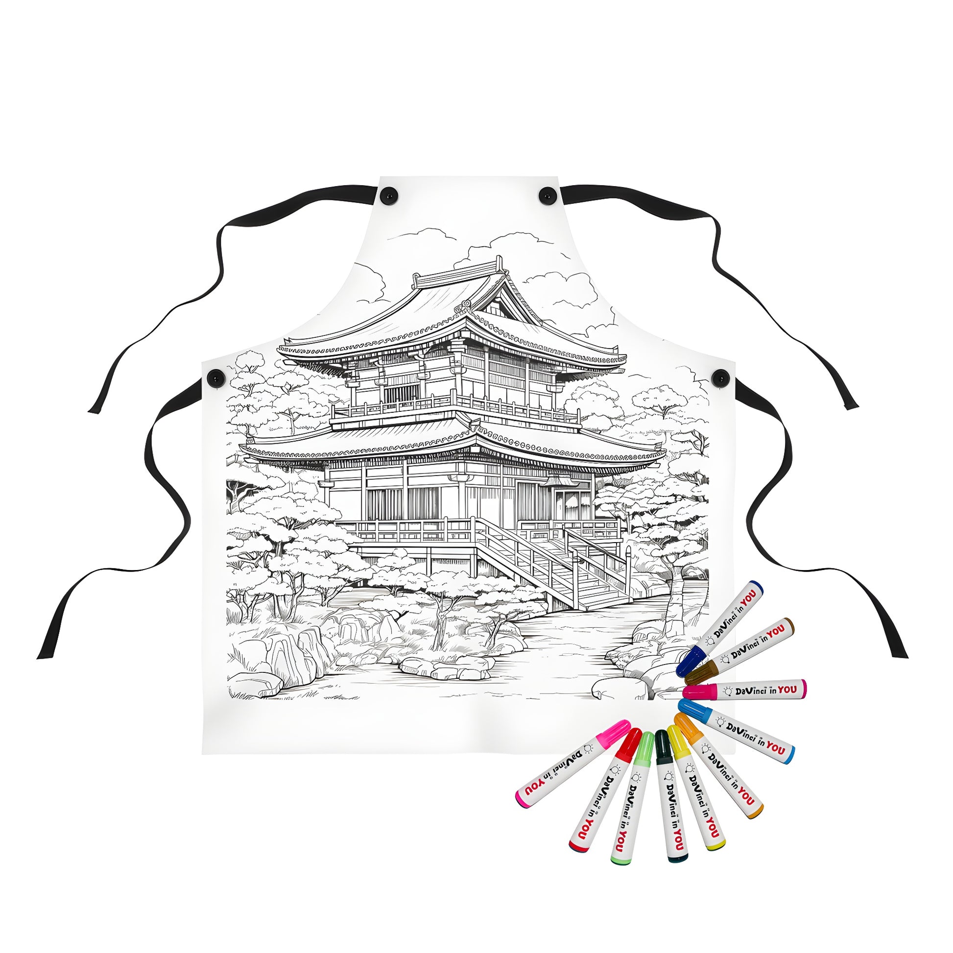 Japanese pagoda apron for coloring with fabric markers, featuring traditional Asian architecture