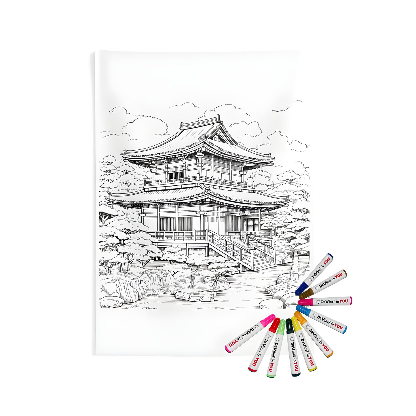 Traditional Japanese pagoda wall tapestry with garden, trees, rocks, and stairs - indoor home decor