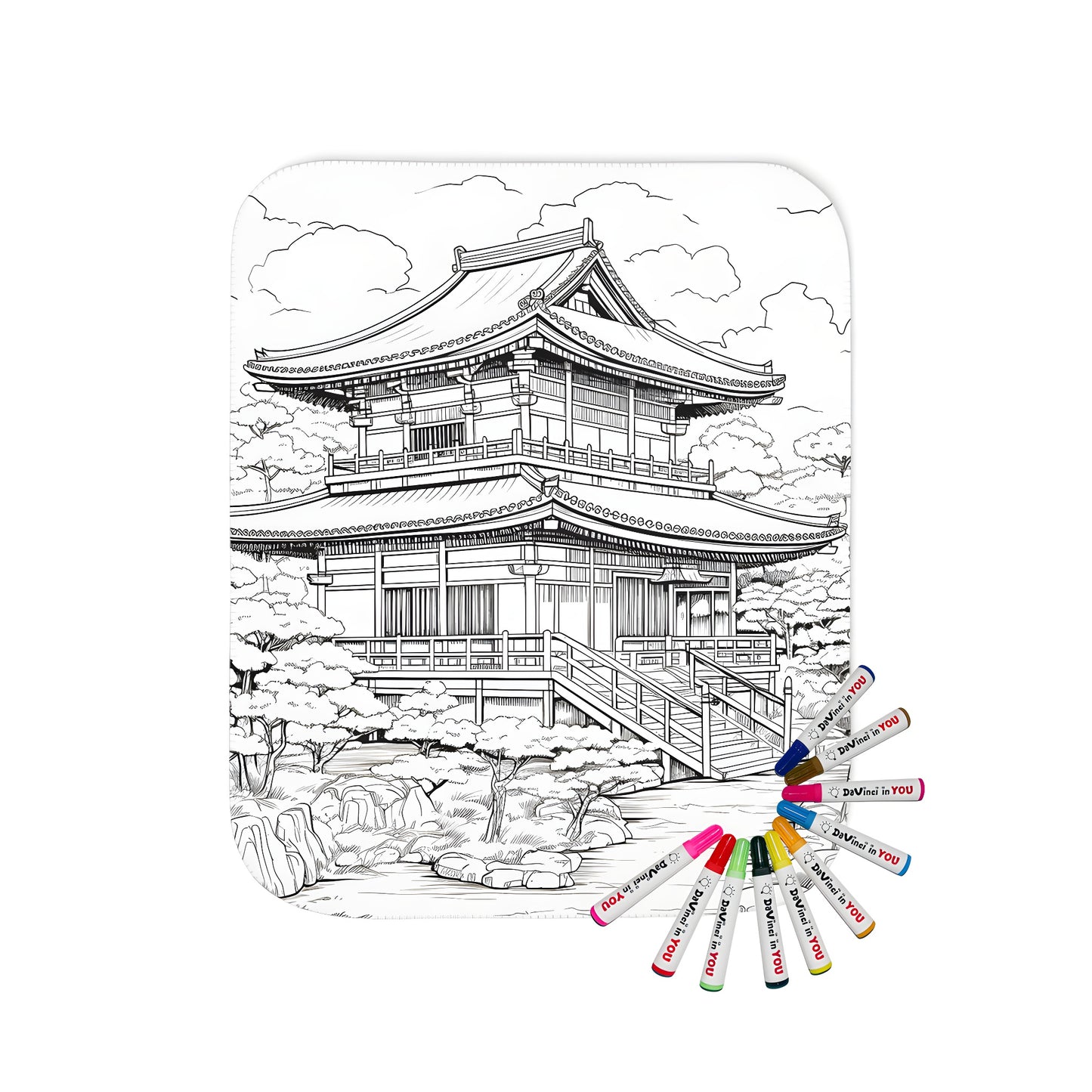 A vibrant Japanese-style temple or shrine design on a soft blanket, featuring a pagoda surrounded by lush greenery and serene garden elements. Includes trees, rocks, and stairs.