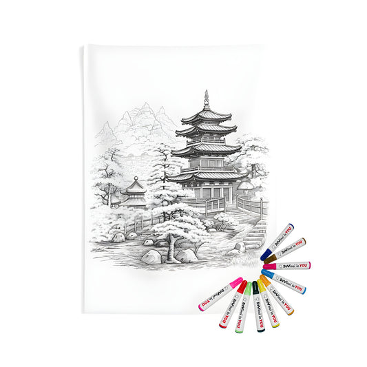 Traditional Japanese pagoda inspired indoor wall tapestries