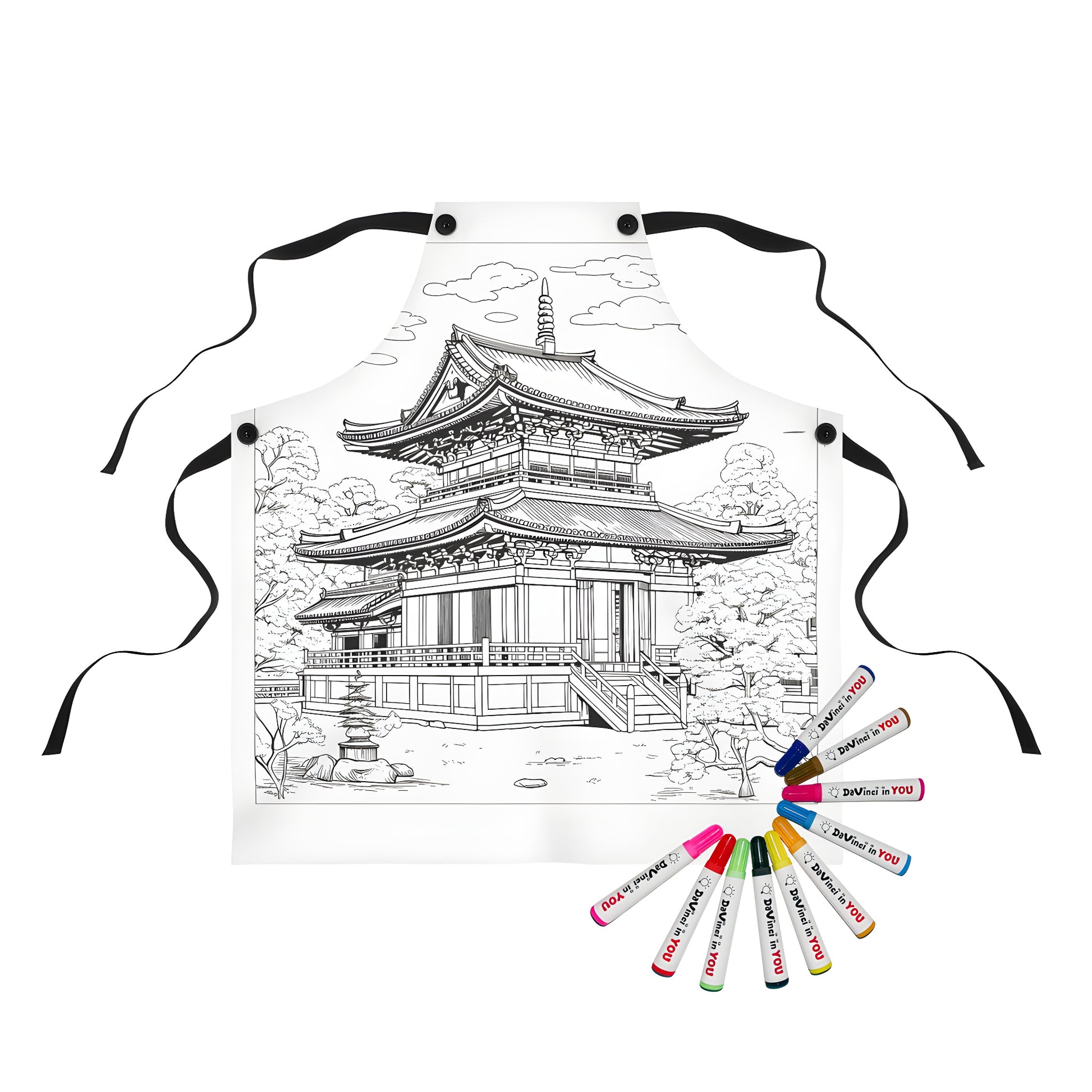 Apron featuring a detailed illustration of a traditional Japanese pagoda, surrounded by trees and clouds