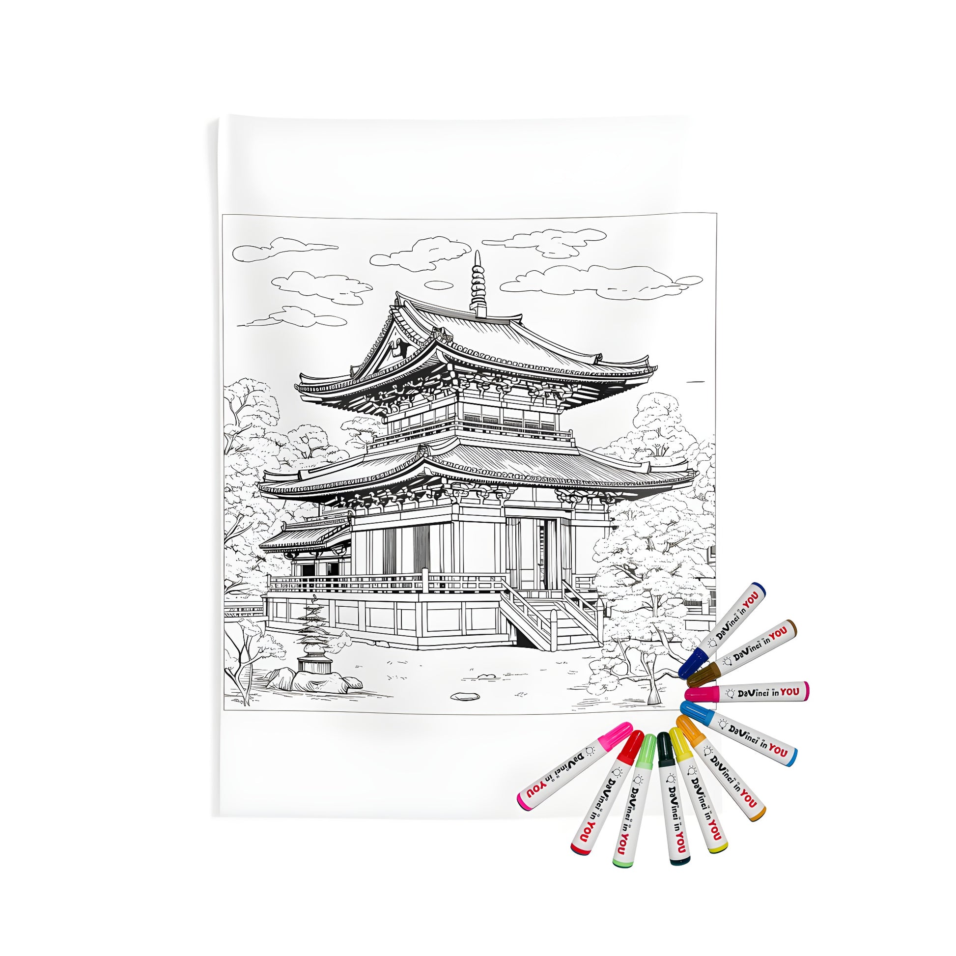 Indoor wall tapestries coloring kit with fabric markers featuring a traditional Japanese pagoda architecture design surrounded by trees and clouds