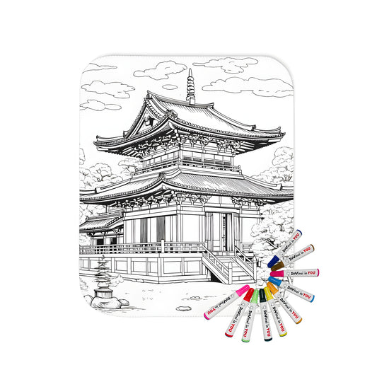 Cozy blanket featuring an intricately designed pagoda surrounded by serene trees and fluffy clouds, perfect for relaxing on a cold night. Includes vibrant fabric markers for a fun coloring experience.